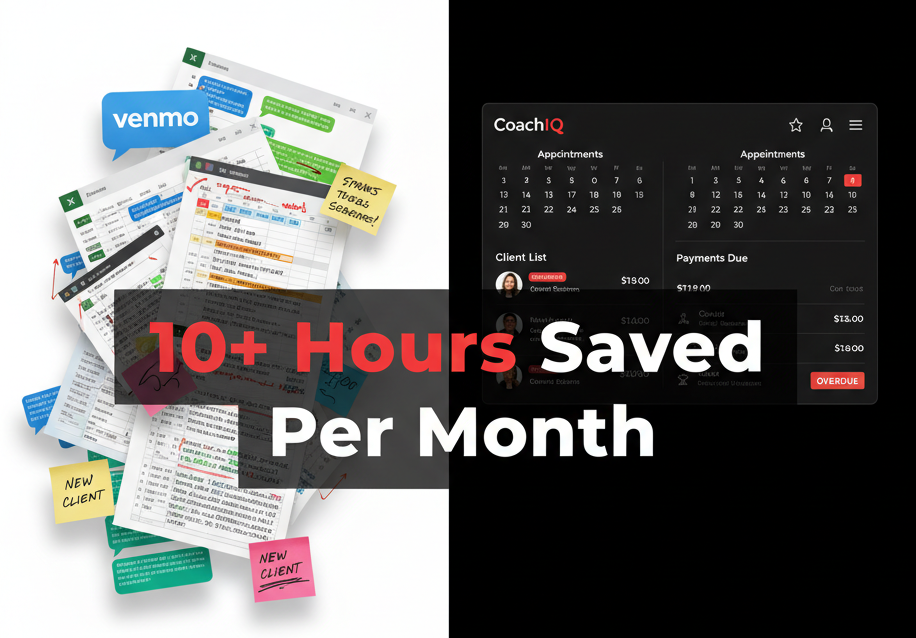 Comparison showing chaotic manual systems versus streamlined CoachIQ platform for basketball trainers