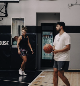 Basketball training software in action at The Hoop House while Justin Razooky trains Jada WIliams